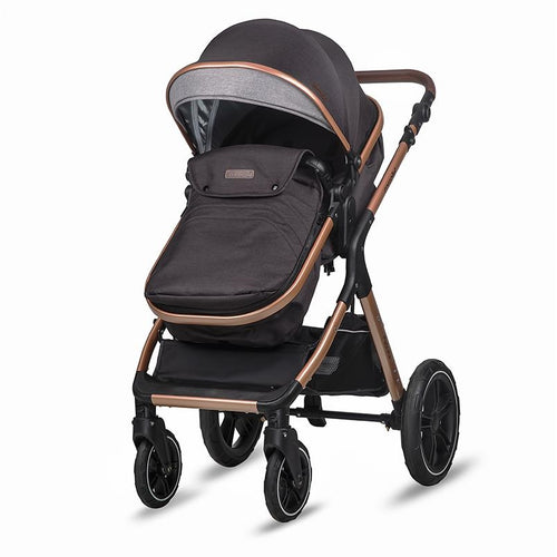 Eleganter, umwandelbarer Kinderwagen in Diamantschwarz mit roségoldenen Akzenten und Verdeck.