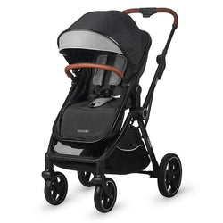 Moderner Kinderwagen 3in1 in Schwarz mit grauem Sonnendach und braunem Griff, seitliche Ansicht.