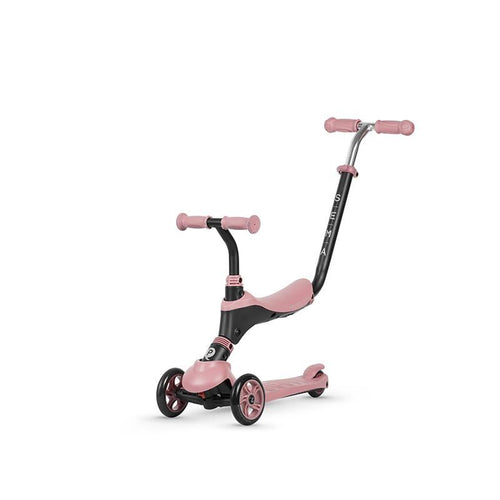 Ein rosa Kinder-Scooter mit gebogenem Lenker und drei Rädern in der Seitenansicht.