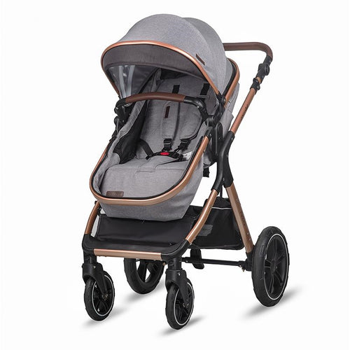 Grauer, wandelbarer Kinderwagen mit Kindersitz und verstellbarem Verdeck, sicher und stilvoll unterwegs.