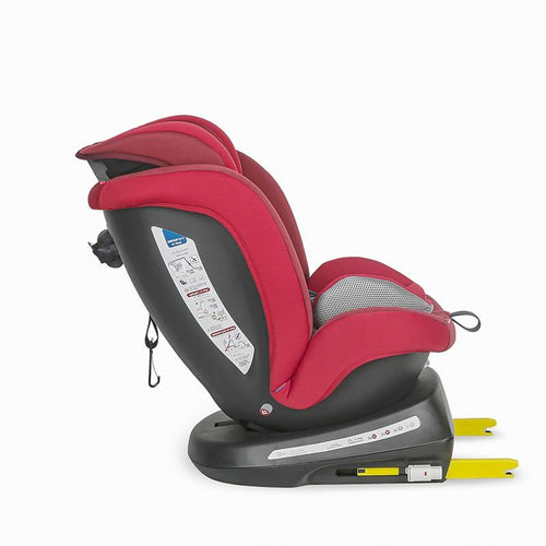 Seitliche Perspektive eines roten Kindersitzes, Coccolle Mydo, geeignet von 0 bis 36 kg, auf schwarzem Isofix-Boden.