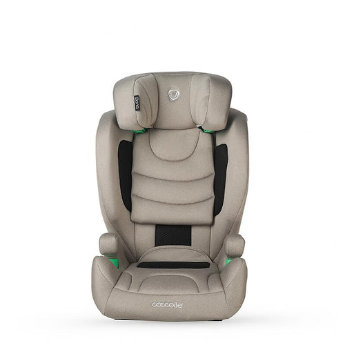 Detailaufnahme des Coccolle Elona Kindersitzes in Beige, fokussiert auf die ergonomische Rückenlehne.