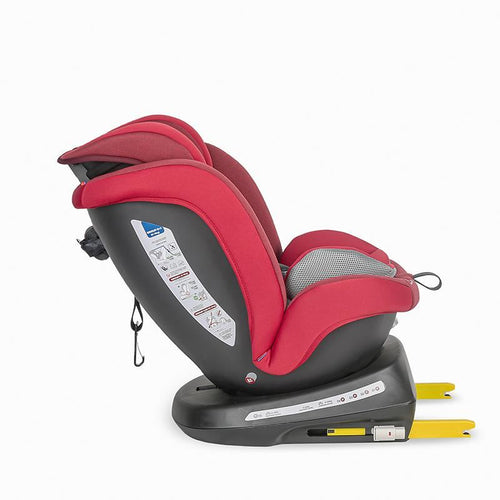 Rückansicht eines roten Kindersitzes von Coccolle Mydo, für 0-36 kg, mit gelben Isofix-Verbindungen.