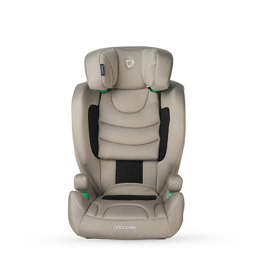 Rückansicht des Coccolle Elona Kindersitzes in Beige, zeigt die Isofix-Verankerungspunkte und die strukturierte Rückseite.