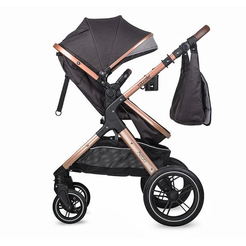 Diamantschwarzer Kinderwagen, umgewandelt zum Sportsitz, mit Winddecke und Tragetasche.