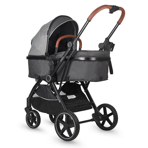 Anthrazitfarbener Kinderwagen 3in1 Coccolle Amani, gefaltet.