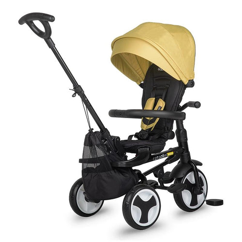 Dreirad-Kinderwagen von schräg hinten gesehen, mit schwarzen Rahmen und gelbem Sitz und Verdeck.