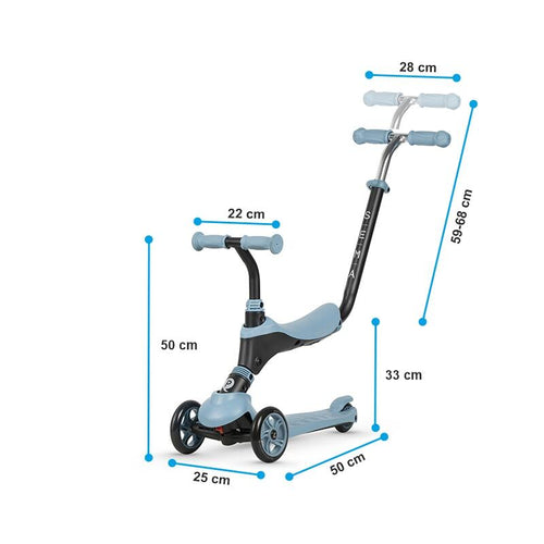 Ein blauer Kinder-Scooter mit beschrifteten Maßen, die Höhe, Länge und Lenkerbreite zeigen.