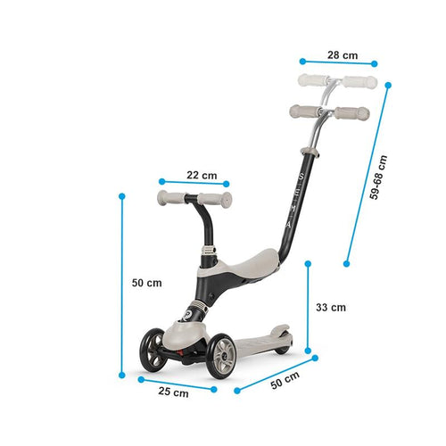 Ein beige Kinder-Scooter mit beschrifteten Maßen, die Höhe, Länge und Lenkerbreite zeigen.