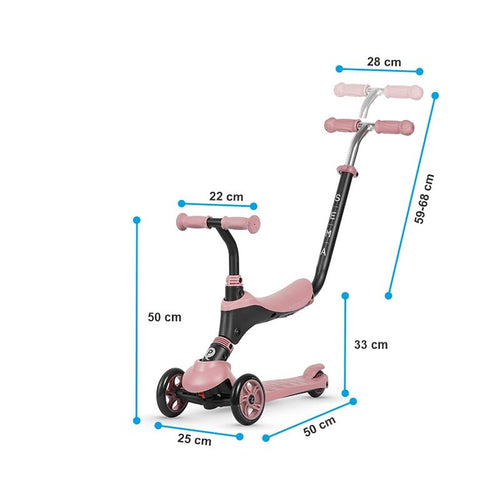 Ein rosa Kinder-Scooter mit beschrifteten Maßen, die Höhe, Länge und Lenkerbreite zeigen.