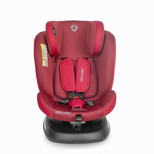 Alternative Frontansicht des Coccolle Mydo Kindersitzes in Rot für 0-36 kg, auf einem schwarzen Standfuß.