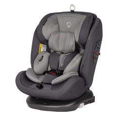 Grauer Coccolle-Kindersitz, Vorderansicht, mit Sicherheitsgurt und schwarzen Isofix-Schienen.