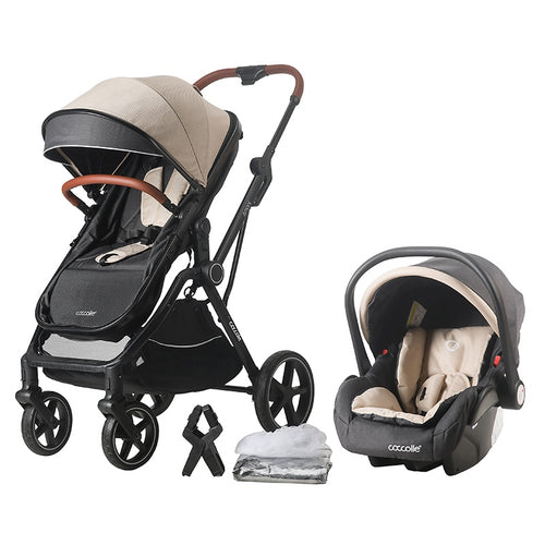 Kinderwagen 3in1 Set von Coccolle Amani Diamond in Beige, bestehend aus Sportwagen, Babyschale und Zubehör.