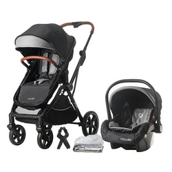 Kinderwagen 3in1 Set von Coccolle Amani Diamond, bestehend aus schwarzem Sportwagen, Babyschale und Zubehör.