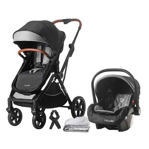 Kinderwagen 3in1 Set von Coccolle Amani Diamond, bestehend aus schwarzem Sportwagen, Babyschale und Zubehör.