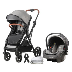 Anthrazitfarbener Kinderwagen 3in1 Coccolle Amani mit Babyschale und Zubehör.