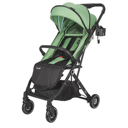 Seitenansicht eines Mistletoe Green Reisebuggys Coccolle Alla mit Verdeck und Korb.