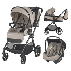 Ansicht des beigefarbenen Kinderwagen-Sets, mit Buggy, Babywanne und Autokindersitz.