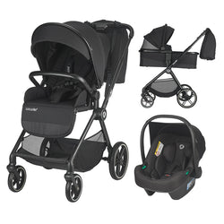 Ansicht des anthrazitfarbenen Kinderwagen-Sets, mit Buggy, Babywanne und Autokindersitz.