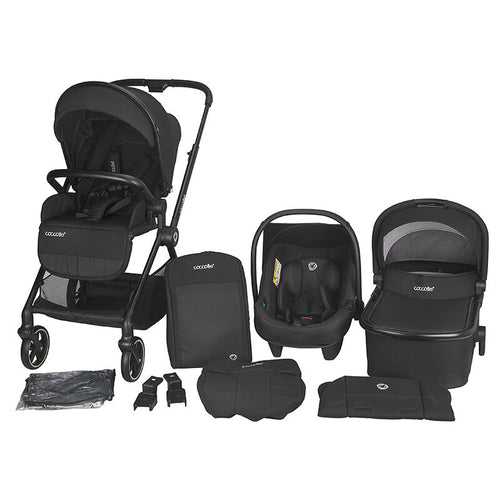 Komplettes 3-in-1-Kinderwagen-Set in Grün, inklusive Buggy, Tragetasche und Autositz.