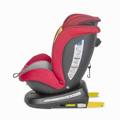 Coccolle Mydo Kindersitz in seitlicher Neigung, in kräftigem Rot mit grauer Sitzfläche und gelbem Isofix-System.