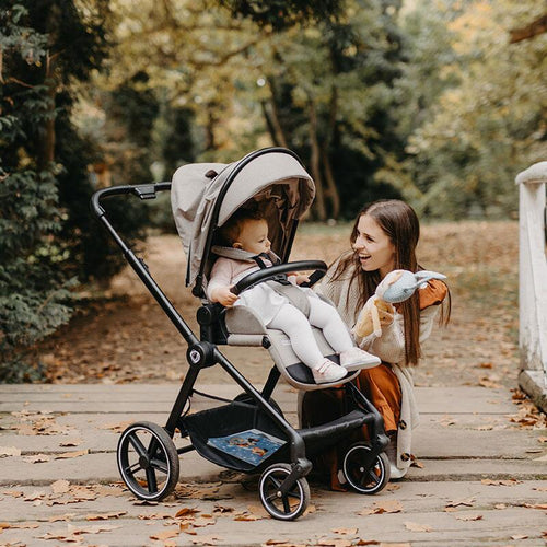 Mutter spielt fröhlich mit ihrem Baby, das im Kinderwagen sitzt, im Herbstlaub.