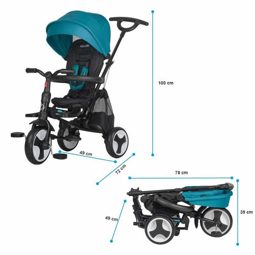 Dreirad-Kinderwagen mit Maßangaben, türkisfarbenem Verdeck und schwarzem Gestell.