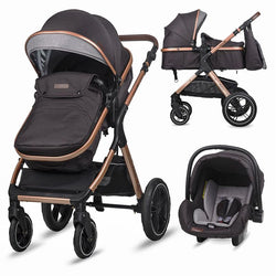 Voll ausgestattetes Kinderwagen-Set in Schwarz mit braunen Highlights, inklusive Babyschale und Sportwagenaufsatz.