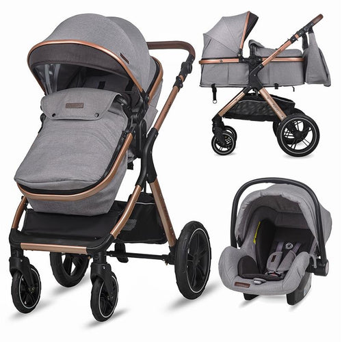 Komplettes 3-in-1 Kinderwagen-Set mit umgedrehtem Sitz, Autositz und kompaktem Faltdesign.