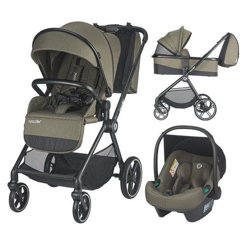 Ansicht des grünfarbenen Kinderwagen-Sets, mit Buggy, Babywanne und Autokindersitz.